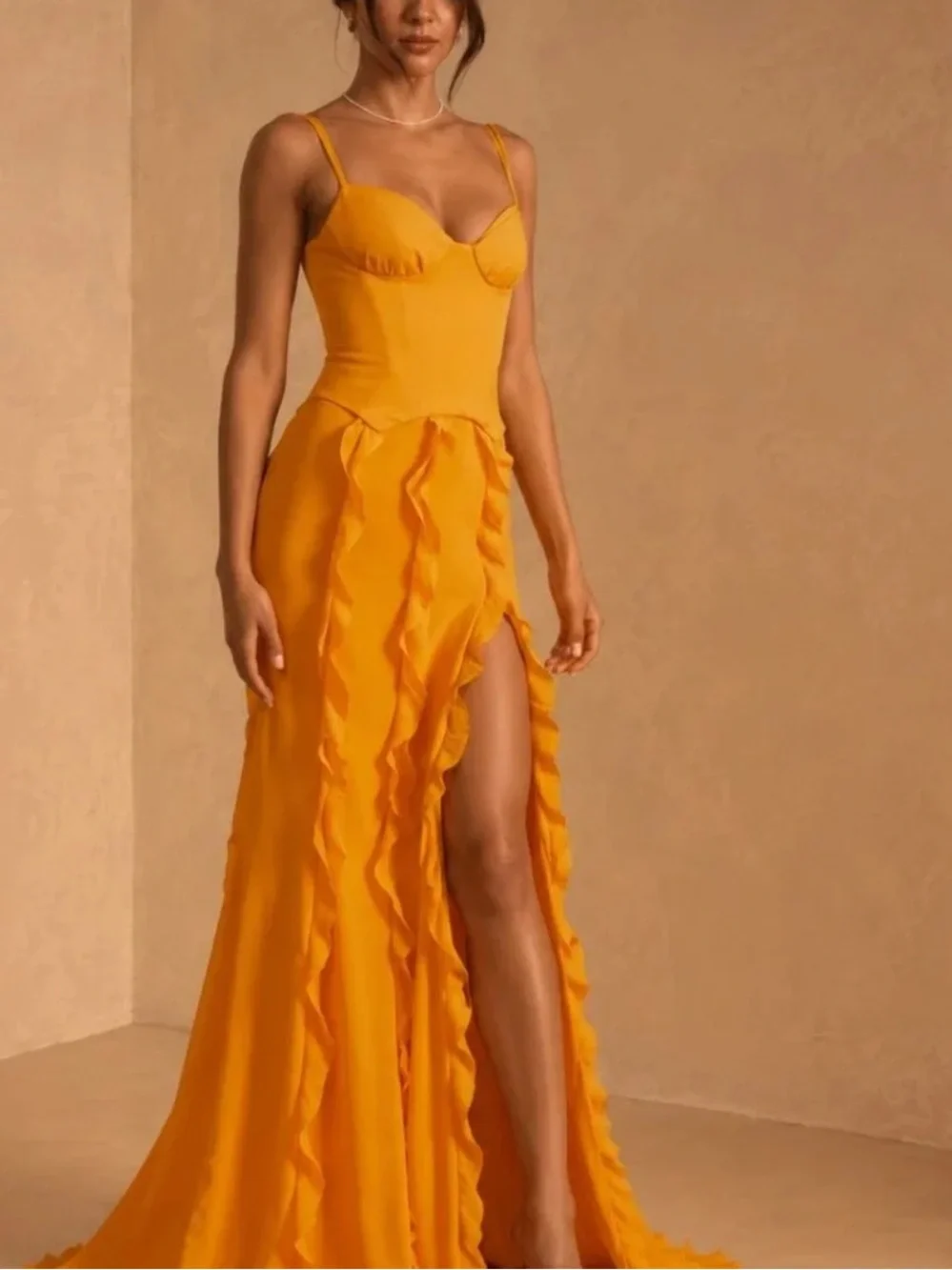 Oh Polly Orange Ruffle High-Slit Maxi Dress - Elegant Evening Gown - Picture 2 of 4
